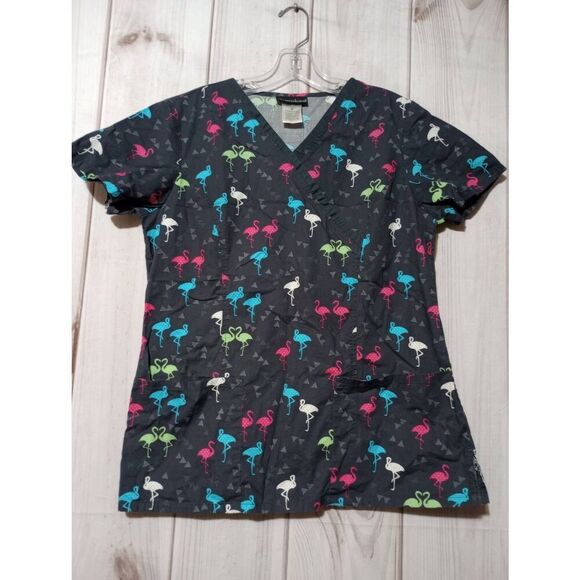Cherokee Scrub Top Ladies‎ Medium Gray Pink Flamingo - Picture 1 of 6